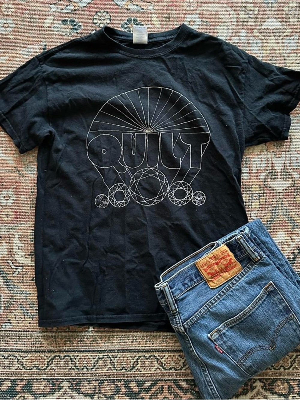Gildan Black Short Sleeve Band Tee with White Geometric 'Quilt' Logo